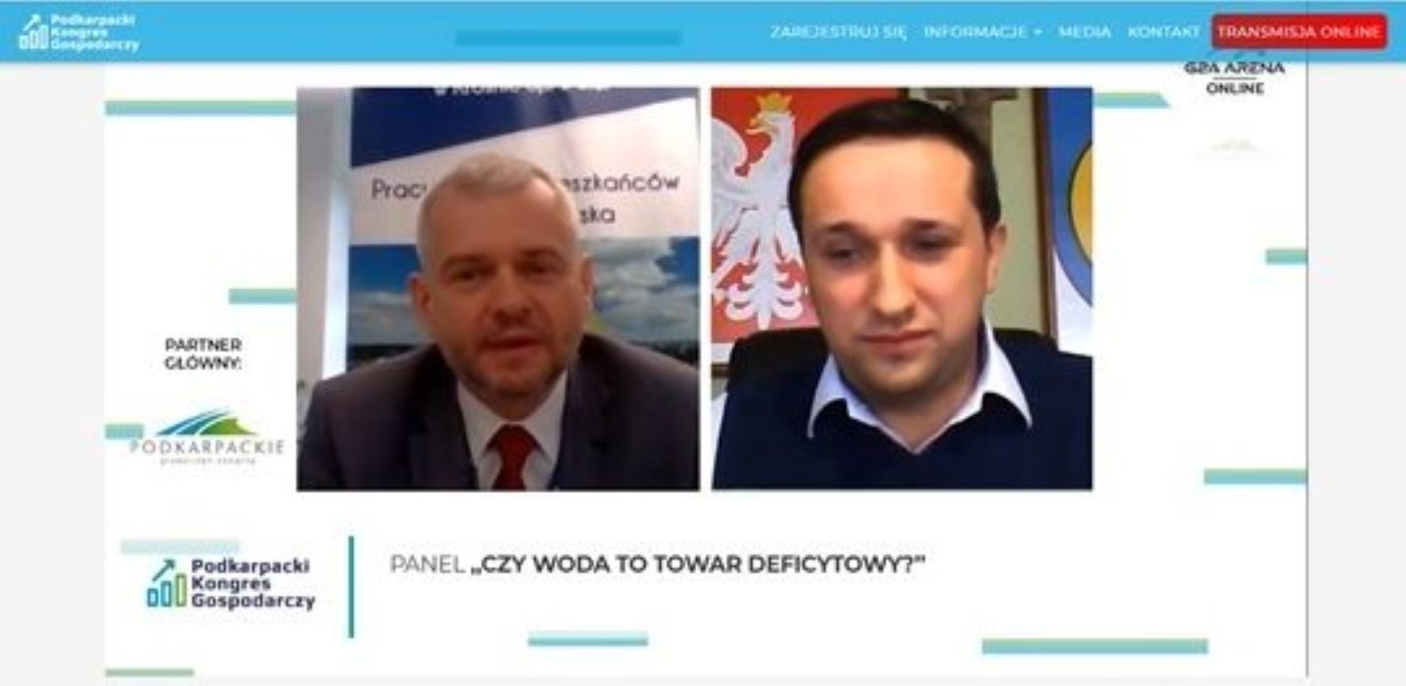 Prinscreen z ekranu komputera, na nim okienka z dwoma mężczyznami - po lewej w garniturze i krawacie, po prawej w ciemnym swetrze i buałej koszuli