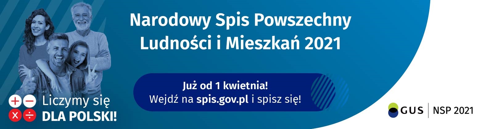 Plakat zachęcający do spisu. Tło plakatu jest koloru niebieskiego, z lewej strony postacie rodziny: młodej kobiety, młodego i starego mężczyzny oraz dziewczynki.
