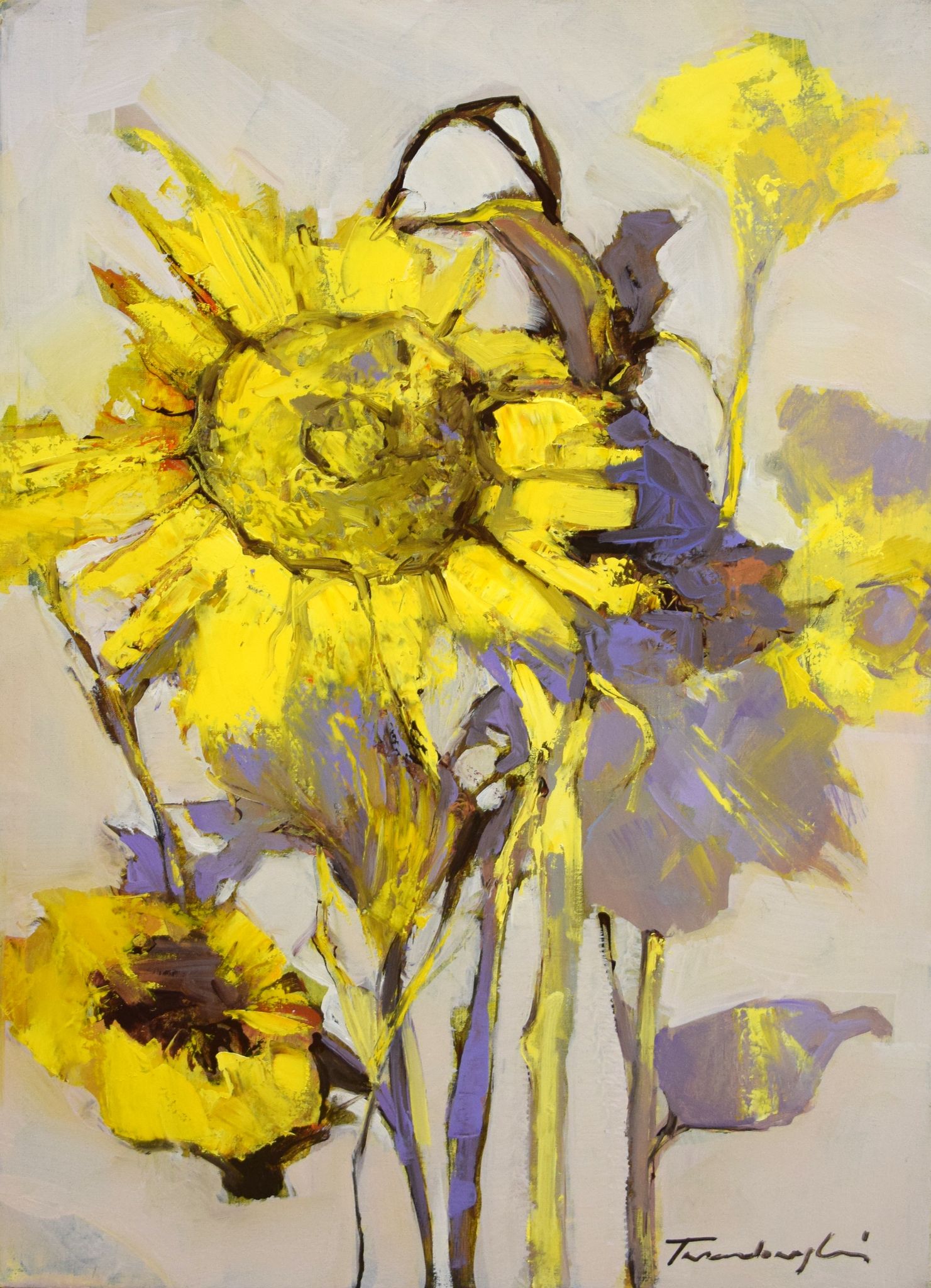 Obraz przedstawiające żółte słoneczniki na beżowym tle.