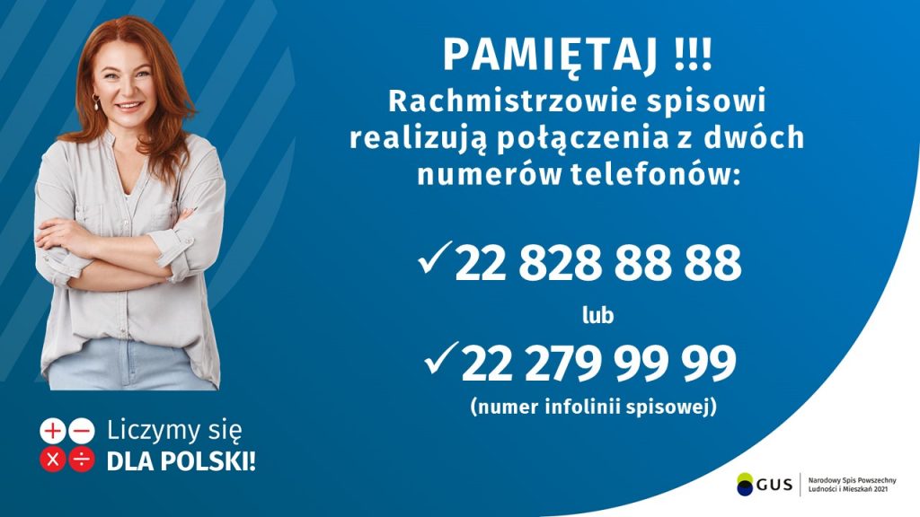 Grafika z numerami telefonów, tło niebieskie, napisy białe, po lewej stronie wizerunek w średnim wieku kobiety o rudym kolorze włosów.