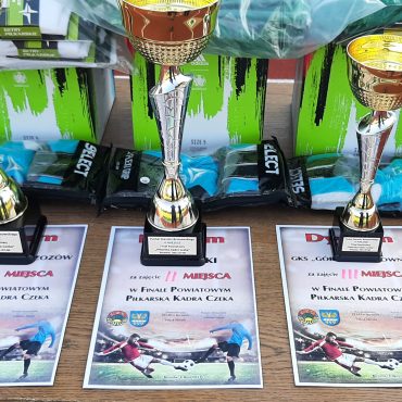 Puchary, nagrody i dyplomy położone na stole.