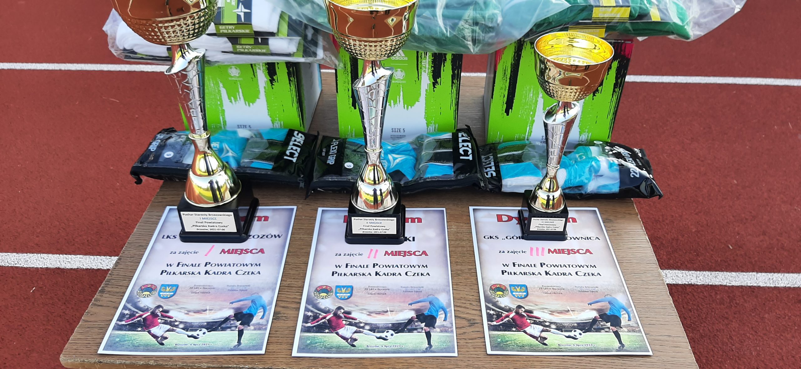 Puchary, nagrody i dyplomy położone na stole.