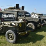 Stare samochody wojskowe zaparkowane na łące.