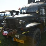 Stare wojskowe samochody zaparkowane na łące.