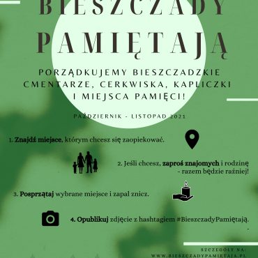 Zielony plakat organizacji Bieszczady pamiętają zachęcający do wzięcia udziału w ich akcji.