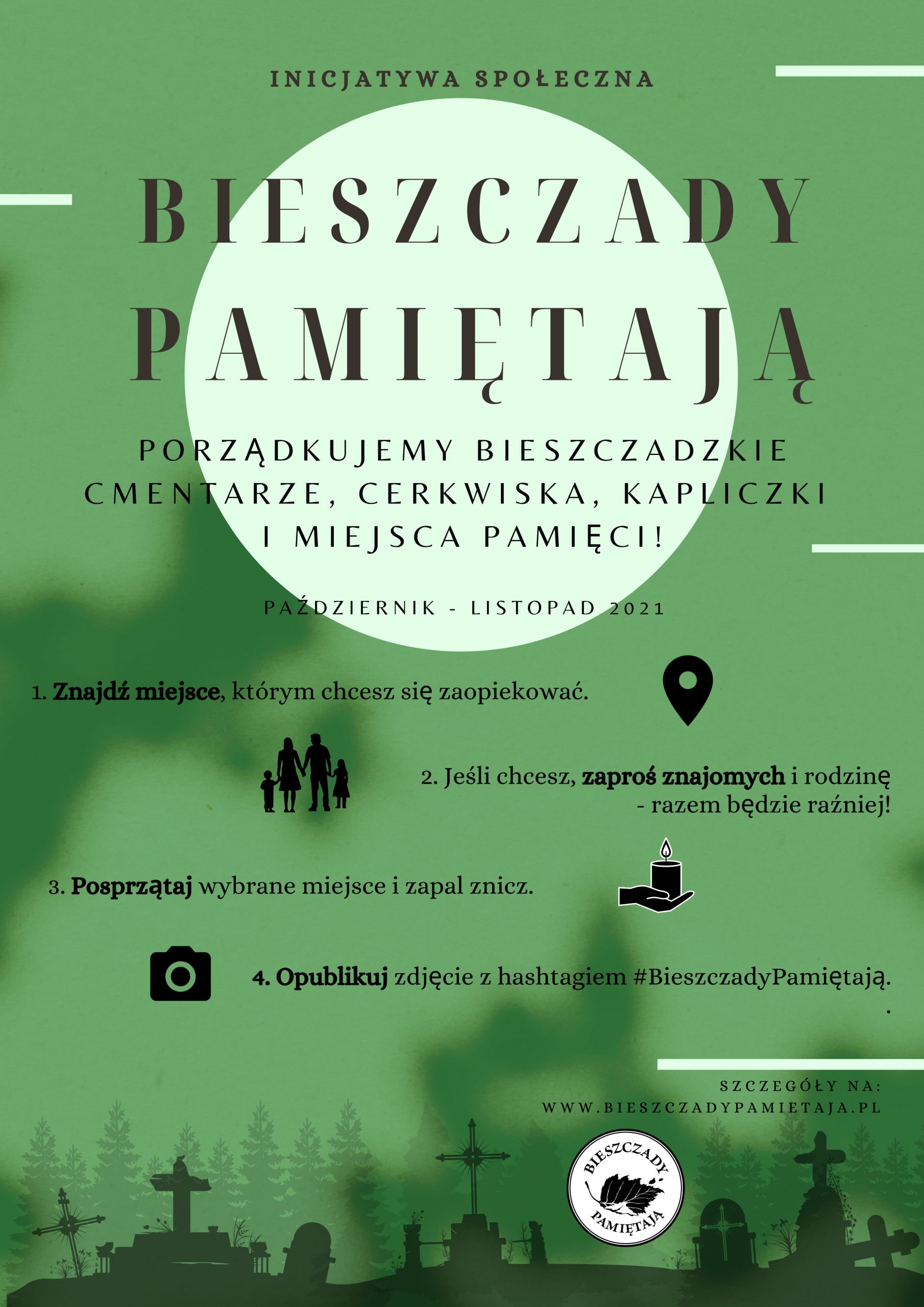 Zielony plakat organizacji Bieszczady pamiętają zachęcający do wzięcia udziału w ich akcji.