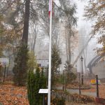 Maszt z zawieszoną biało-czerwoną flagą.. W tle park i mglista pogoda.