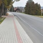 Chodnik z kostek brukowych oraz droga asfaltowa. W tle lampy, domy, i krzewy.