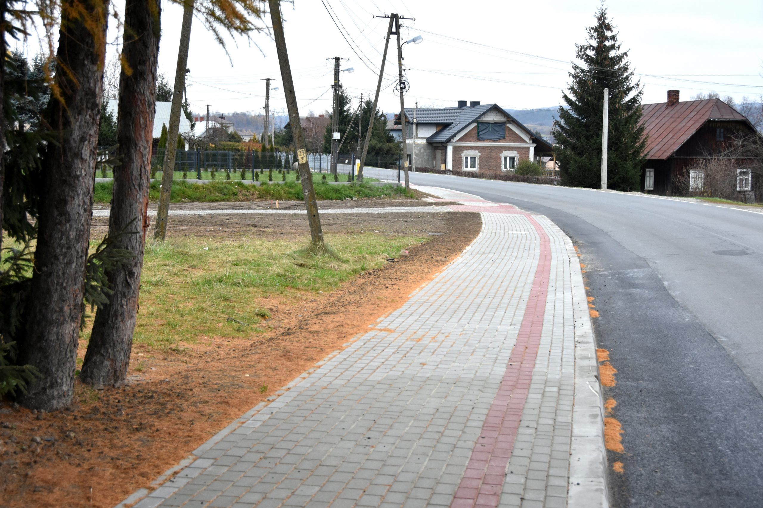 Chodnik z kostek brukowych oraz droga asfaltowa. W tle lampy, domy, i krzewy.