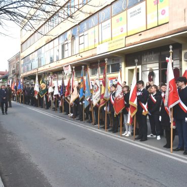 Rząd pocztów sztandarowych stojąca w długim rzędzie na ulicy. W tle widać gmach rozległego budynku.