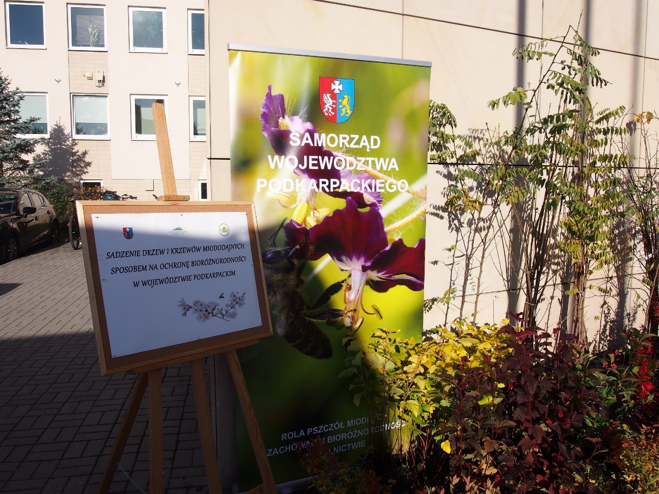 Baner i tablica informacja przed budynkiem z jasną elewacją. Obok rosną krzewy.