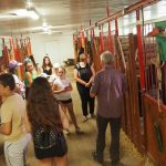 Grupa kilku osób, głównie młodych w lużniejszych strojach, znajdujących się w stajni jeździeckiej.