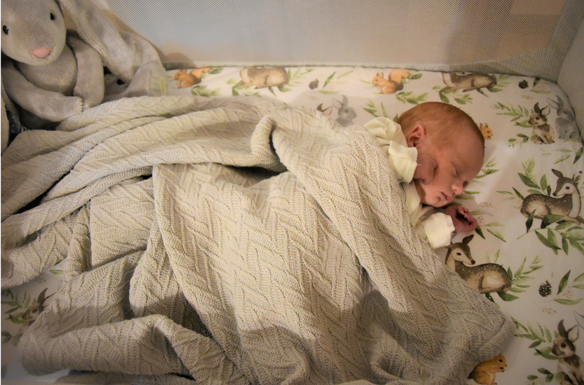 Niemowlę leży w łóżeczku przykryte kocem.