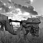 Kawałek płótna rozwinięty na ogrodzeniu z siatki na łące.