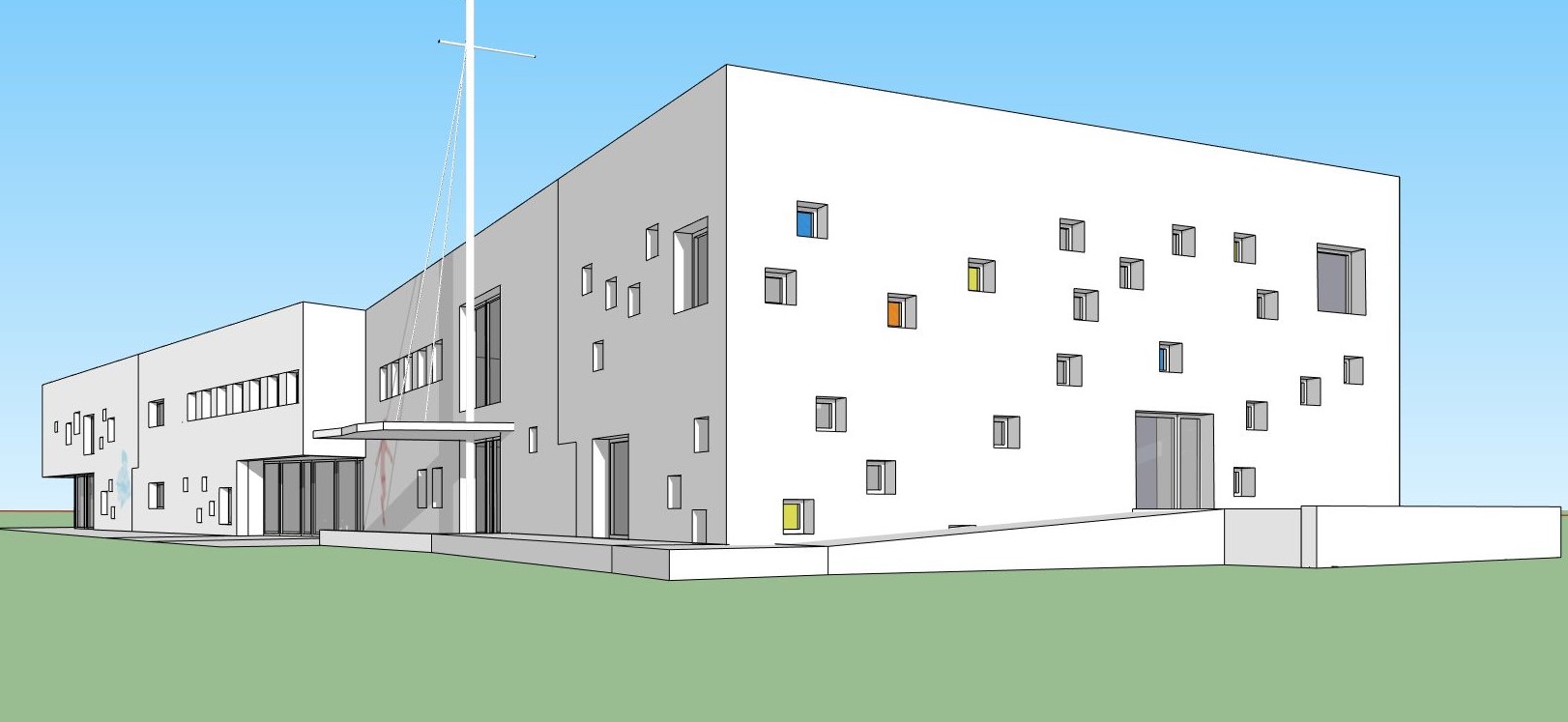 Szkic projektu budynku przedszkolnego.