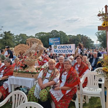 Starsze kobiety ubrane w stroje ludowe siedzą na krzesłach na plenerowej imprezie, obok nich stoją ręcznie robione ze slomy wience dożynkowe.