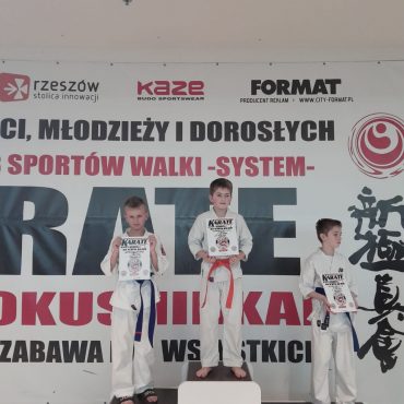 Grupa chłopców w wieku szkolnym stoi na podium w w kimonach koloru białego.